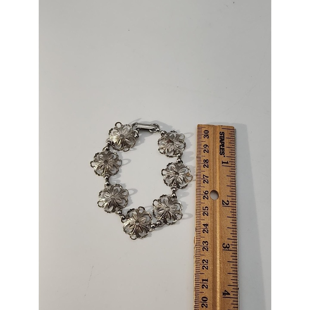 Vintage‎ Silver Tone Round Flowers Link 7" Bracelet - Picture 7 of 7